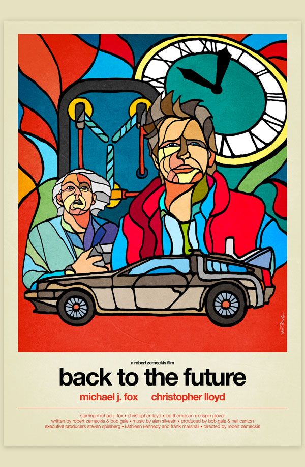 Van Orton Design Affiche Graphisme Retour Futur Michael J.Fox Robert Zemeckis Delorean Hoverboard Hill Valley Vectoriel Vitrail Poster film