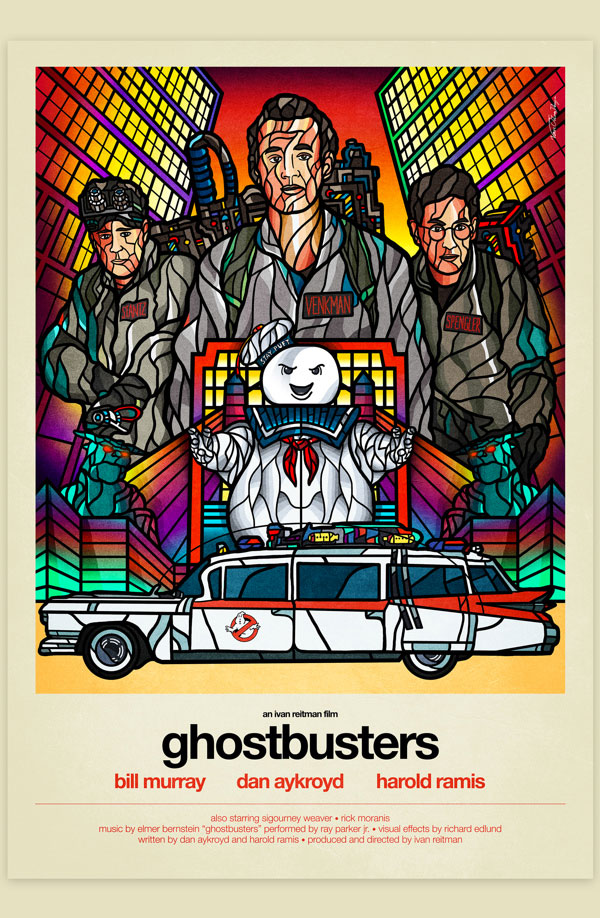 Van Orton Design Affiche Graphisme Ghosbusters SOS Fantômes Bill Murray Dan Aykroyd Harold Ramis Ivan Reitman Vectoriel Vitrail Poster film