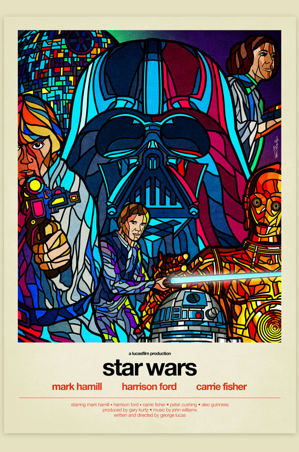 Van Orton Design Affiche Star Wars IV Nouvel espoir Graphisme Han Solo Leïa Luke Skywalker R2D2 Harrison Ford Mark Hamill Carrie Fisher Vectoriel Vitrail Poster film