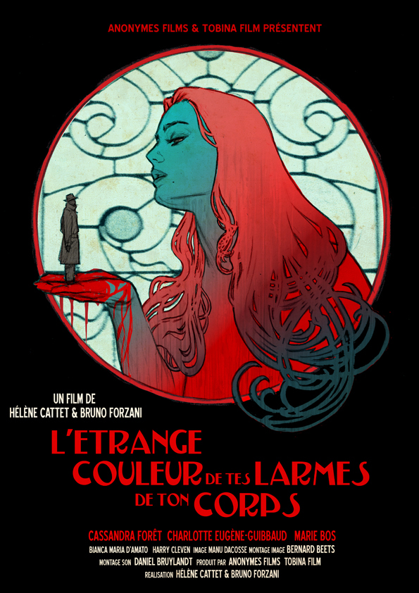 Affiche de L'étrange couleur des larmes de ton corps, créée par Gilles Vranckx. Étape 6 : Compositions intermédiaires.